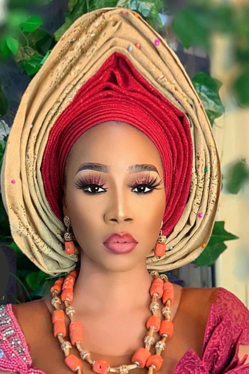 Africa, Nigeria Two Colors Gele headtie hat, Aso-Oke Fabric,gele,Headwrap,Ready-to-Wear Gele Autogele, Ready Made Gele, Auto Gele Wedding