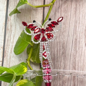 Butterfly Beaded Pen, Red Pen, Rhinestone Pen, Handmade Beadable Pens