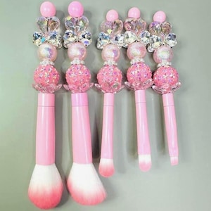 Pink heart beaded makeup brushes set, Handmade Beadable makeup 5 brushes set