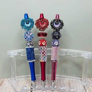 Crystal heart beads pens. Blue, red, purple. Unique gift,Beaded Pen, Handmade Beadable Pens, refillable ink.