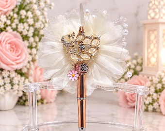 Elegant Crystal Peacock Pen with Ivory Tulle, Pearls and Floral Charms – Rose Gold Decorative Guest Book Pen –  Refillable Ink