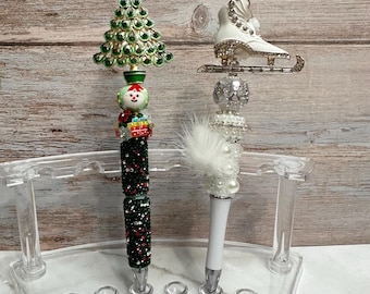 Handmade Christmas Beaded Pen: Rhinestone Tree, Ice Skates