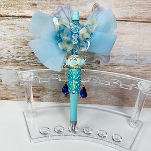 Custom Perlen Stift, Blau Schmetterling Bogen Stift, Strass Stift, Handgemachte Perlen Stifte