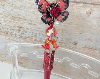 Handmade Butterfly Beaded Pen: Refillable Black Ink