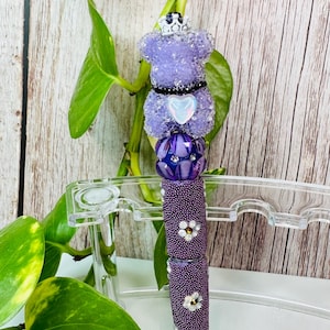 Purple bear Beaded Pen, Sugar bear with crown, flowers purple Pen, Rhinestone Pen, Handmade Beadable Pens
