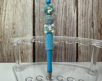 Blue Beaded Pen: Crystal Accents, Refillable Black Ink