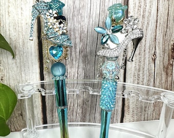 Handmade Beaded Pen: Blue High Heel, Rhinestone Crystal Pen