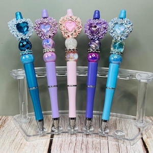 Crystal flowers heart beads pens. Blue, pink, purple, dark purple, light blue. Unique gift, Handmade Beadable Pens, refillable ink.