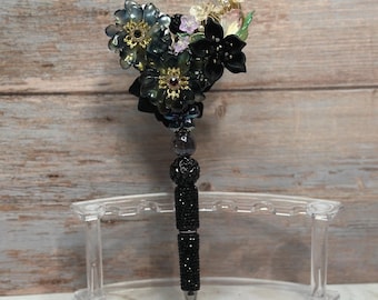 Black Flower Moon Pen, Handmade Beaded Rhinestone Pen, Refillable