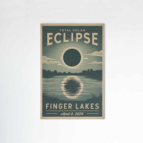 Eclipse 2024 Cartel de viaje vintage de Finger Lakes / Impresión de arte de pared de Nueva York / Decoración del hogar imprimible de eclipse solar total / Regalo de descarga digital