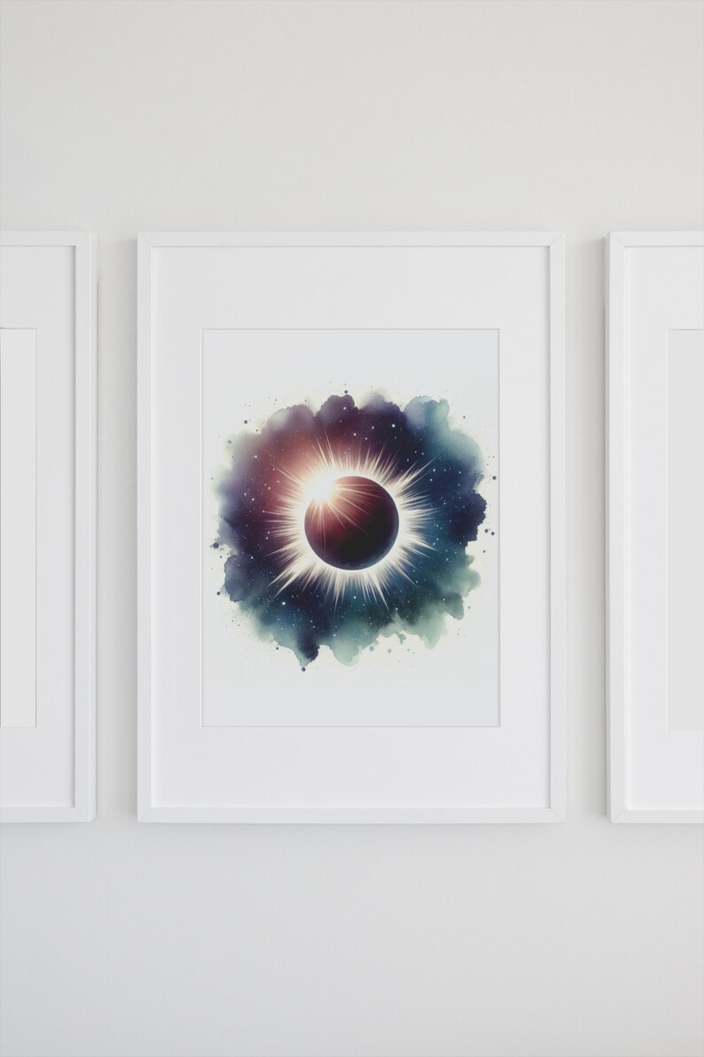 May include: A framed watercolour painting of a solar eclipse with a dark purple and black sun and a bright white halo. The background is a dark blue and green watercolour wash with white stars.