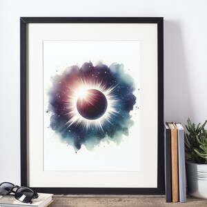 May include: A watercolour painting of a solar eclipse with a bright white sun shining through a dark ring. The eclipse is surrounded by a dark blue and purple watercolour cloud with white stars.