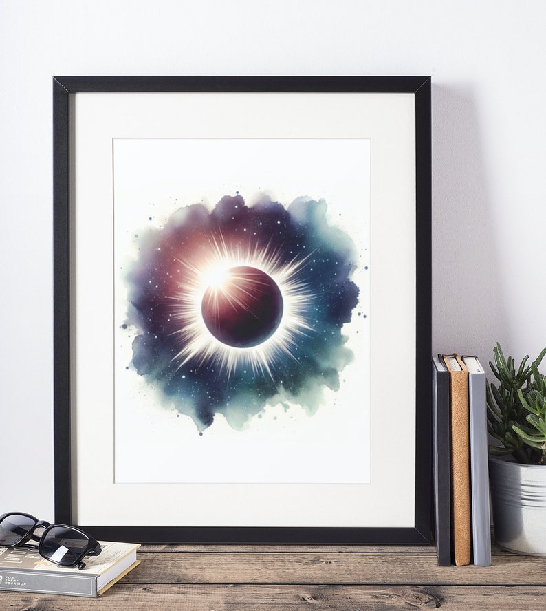 May include: A watercolour painting of a solar eclipse with a bright white sun shining through a dark ring. The eclipse is surrounded by a dark blue and purple watercolour cloud with white stars.