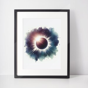 May include: A watercolour painting of a solar eclipse with a dark circle representing the moon and a bright white ring representing the sun's corona. The eclipse is surrounded by a dark blue and green watercolour cloud with white stars.