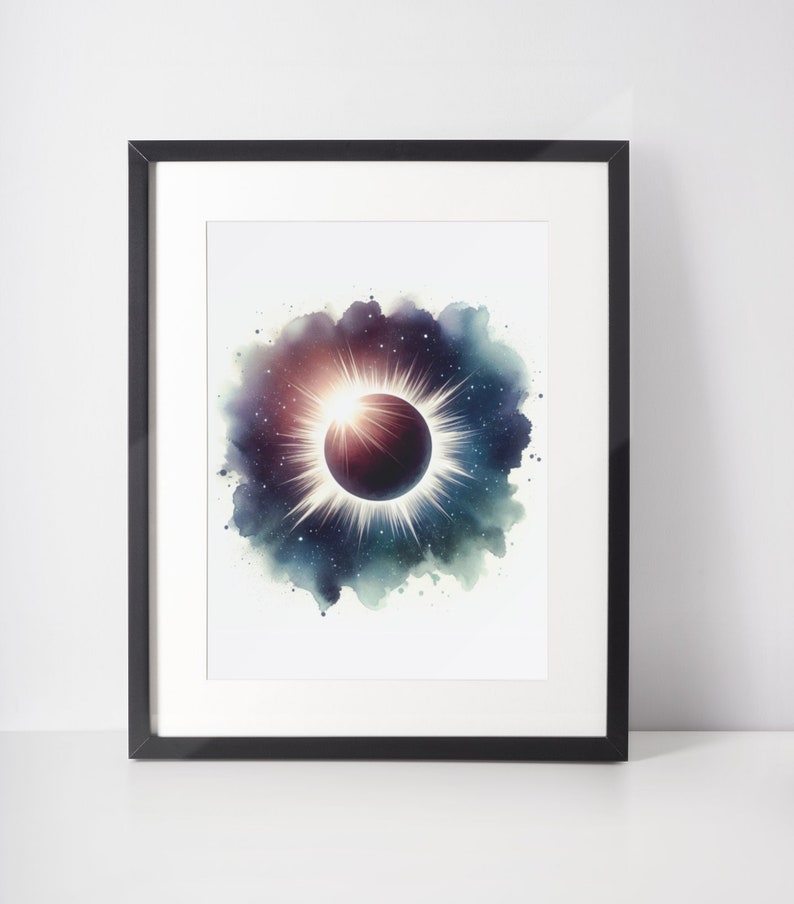 May include: A watercolour painting of a solar eclipse with a dark circle representing the moon and a bright white ring representing the sun's corona. The eclipse is surrounded by a dark blue and green watercolour cloud with white stars.