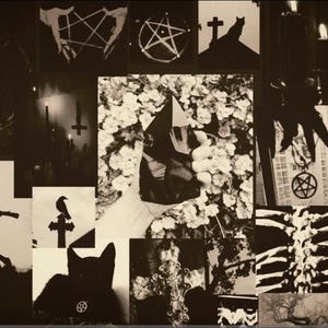 May include: A monochrome collage with gothic and occult imagery. It features pentagrams, crosses, and a black cat, alongside a figure in a pointed hat. The overall aesthetic is dark and mysterious, with a focus on esoteric themes and symbols.