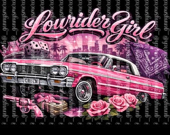 Lowrider Girl PNG, 64 Impala PNG, Chicana Aesthetic, Pink Gangster Car Design, CRUZN License Plate, Houston Style, Sublimation Download