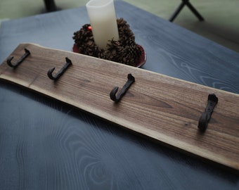 Handmade Live edge Walnut Coat/Towel rack hanger Forged Iron