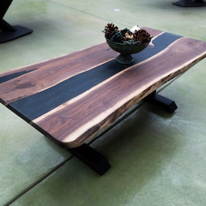 50 x 23 inch Epoxy Coffee Table with Black Resin River, Walnut Epoxy Table, Coffee table