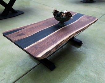 50 x 23 inch Epoxy Coffee Table with Black Resin River, Walnut Epoxy Table, Coffee table