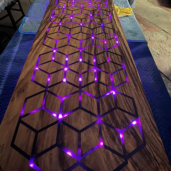 LED Wood Gaming Desk Dining Table Coffee Table Wall Piece Monkey Pod Walnut