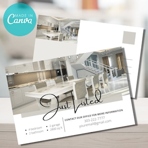 Cartoline immobiliari appena elencate, modello di cartolina immobiliare, cartolina dell'agente immobiliare, cartolina modificabile Canva, marketing immobiliare