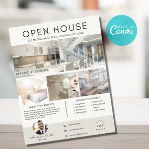 Opendeurdagflyer, sjabloon vastgoedflyer, Canva onroerend goed, opendeurdagbord, vastgoedmarketing, moderne vastgoedmarketing