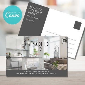 Gerade verkaufte Grundbesitz-Postkarten, Grundbesitz-Postkartenvorlage, Realtor Postkarte, bearbeitbare Postkarte von Canva, Grundbesitz-marketing