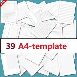 May include: A collection of 39 A4-sized digital paper templates featuring various layouts including grid paper, lined paper, and checklists. The white sheets are arranged in a scattered pile, with some pages showing headers and margins.