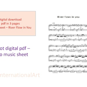 Pode incluir: Partitura digital para piano intitulada "River Flows in You" em formato PDF. A partitura é exibida em um fundo branco com notas musicais pretas. O texto "River flows in you" está no topo.