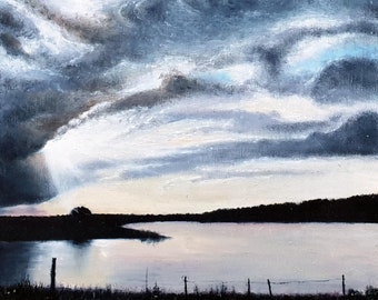 Dutch landscape, the Rhine, beautiful sky, painting, oil painting, affordable, unique, original, work of art, gift