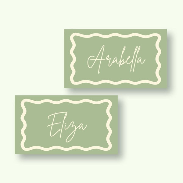 Sage Green Place Card Template with Squiggle Border | Scalloped border | Editable Canva Template | Butter Yellow | Green | Garden Party