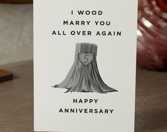 5th Anniversary Card I Wood Marry You Again Funny Wood Anniversary Card for Husband Wife Romantic 5x7 Kraft Card with Envelope