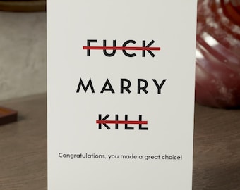 Funny Wedding Congratulations Card for Her or Him | F Marry Kill Game-Inspired Engagement Card | 5x7 Card with Envelope