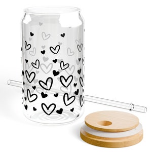 Hearts Glass Cup With Lid And Straw, Glass Tumbler Iced Coffee Cup Valentines Day Gift For Best Friend Galentine, Sipper Glass, 16oz