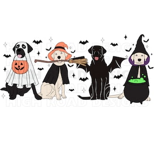 May include: Four Labrador Retriever dogs dressed in Halloween costumes. One dog is a ghost, one is a witch, one is a vampire, and one is a wizard. The dogs are all smiling and looking at the camera.