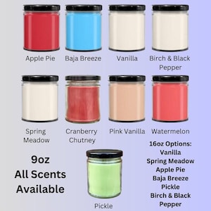 May include: Assortment of 9 ounce candles in glass jars with various scents, including Apple Pie, Baja Breeze, Vanilla, Spring Meadow, Cranberry Chutney, Pink Vanilla, Watermelon, and Pickle.  The text "9oz All Scents Available" is printed below the jars.  A separate section lists 16 ounce candle options: Vanilla, Spring Meadow, Apple Pie, Baja Breeze, Pickle, and Birch & Black Pepper.