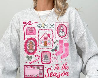 Pink Christmas Sweatshirt Tis The Season Xmas Sweater Cute Girly Holiday Womens Pullover Candy Cane Bow Santa Tee Winter Crewneck