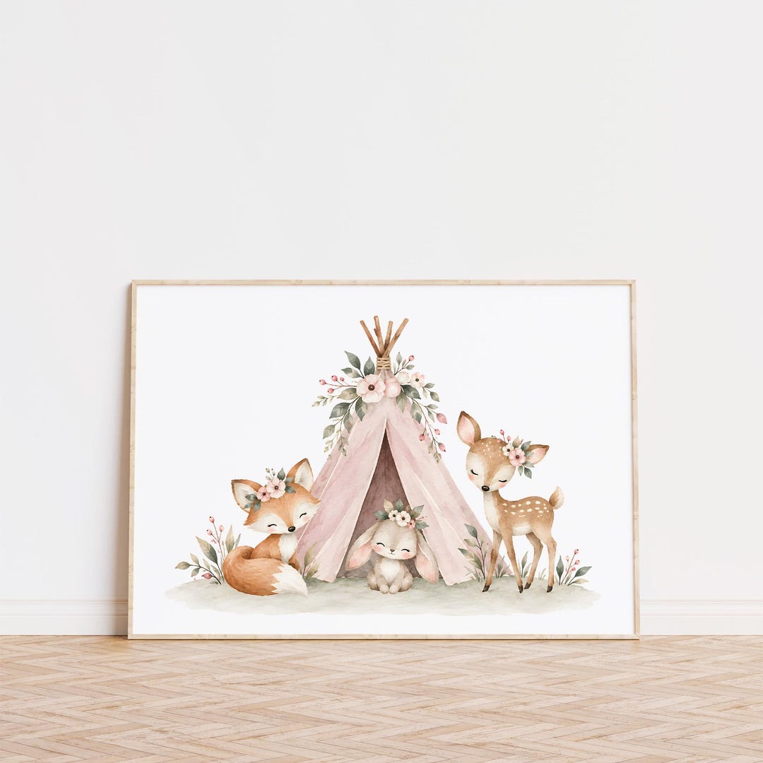 Woodland Nursery Wall Art, Pink Girls Nursery Decor, Fox Bunny Deer ...