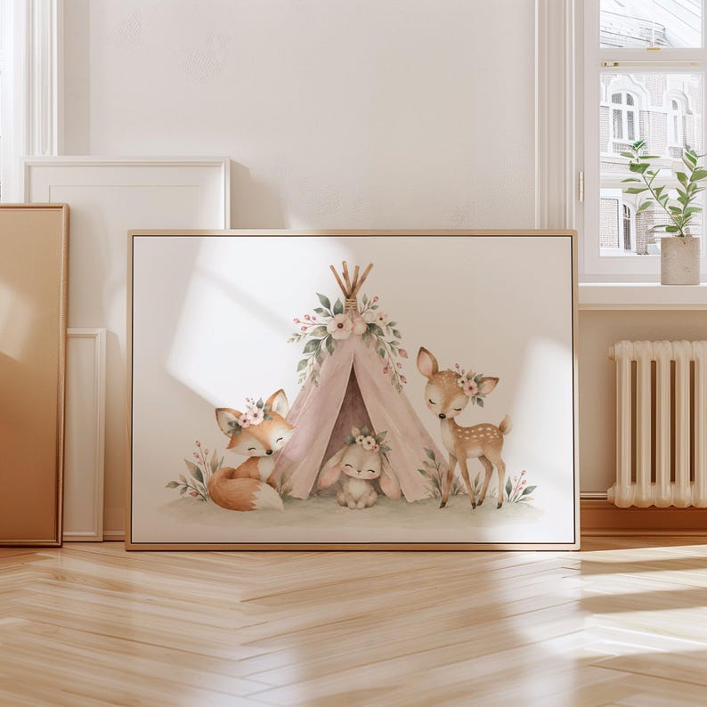 Woodland Nursery Wall Art, Pink Girls Nursery Decor, Fox Bunny Deer ...