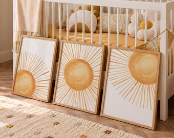 Retro Sun Nursery Wall art Set of 3, Playroom Wall Art, Kids Room Decor, Boho Nursery decor, Mid century wall art, Earthy Baby room