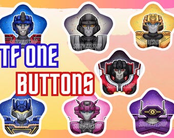 May include: Set of 6 star-shaped buttons featuring Transformers characters. The buttons are printed with images of Optimus Prime, Megatron, Starscream, Bumblebee, Arcee, and Soundwave. The buttons are all in different colours and have a white background.