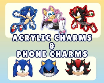 Peut inclure: Charmes en acrylique et pour téléphone représentant Sonic l'hérisson, Shadow l'hérisson et Rouge la chauve-souris. Les charmes sont de style cartoon et ont un design coloré.