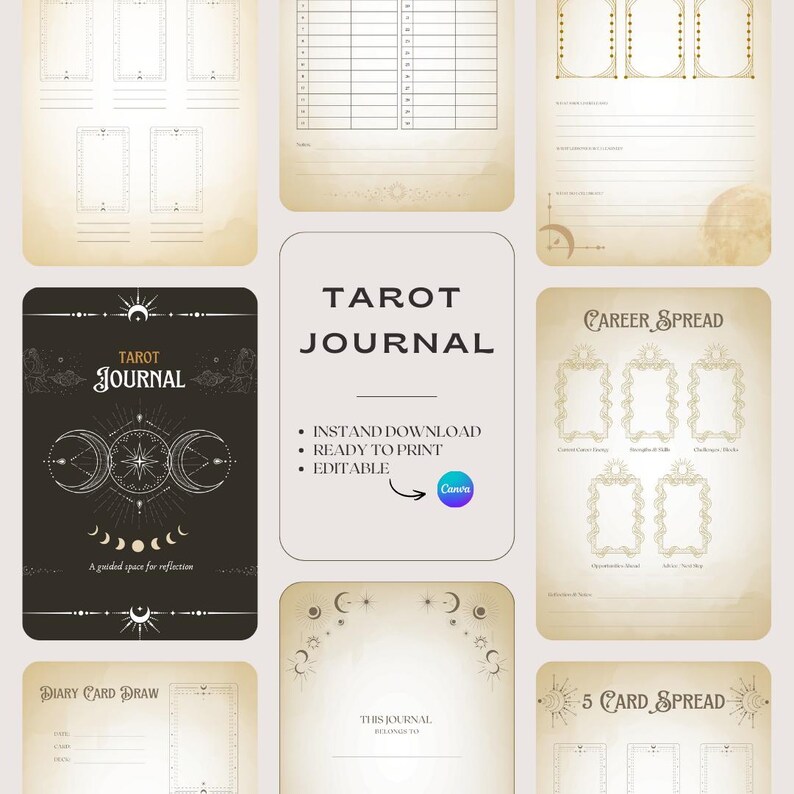 Editable Tarot Journal Canva Template | Printable Tarot Planner | Moon ...
