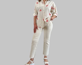 Embroidered Linen Cotton Long Sleeves Button-down