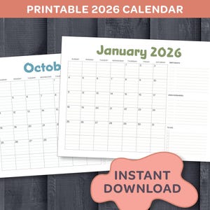 May include: Two printable 2026 calendars, one for October and one for January, are shown against a dark wood backdrop. The October calendar has blue text, while the January calendar has green text. The words "PRINTABLE 2026 CALENDAR" and "INSTANT DOWNLOAD" are also visible.