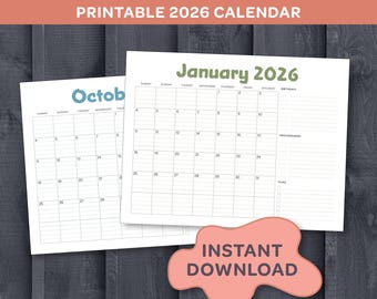 2026 Lined Monthly Calendar | Printable 2026 Calendar 8.5x11 | Horizontal Landscape 11x8.5 | Jan-Dec 2026 Calendar | 12 Months