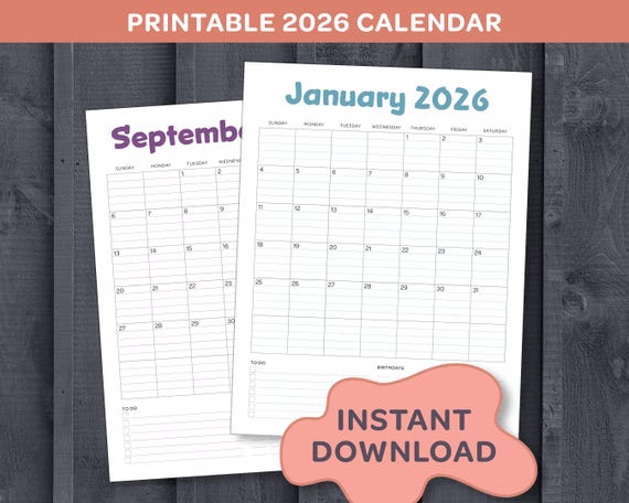 2026 Lined Monthly Calendar | Printable 2026 Calendar 8.5x11 | Vertical Portrait 8.5x11 | Jan-Dec 2026 Calendar | 12 Months