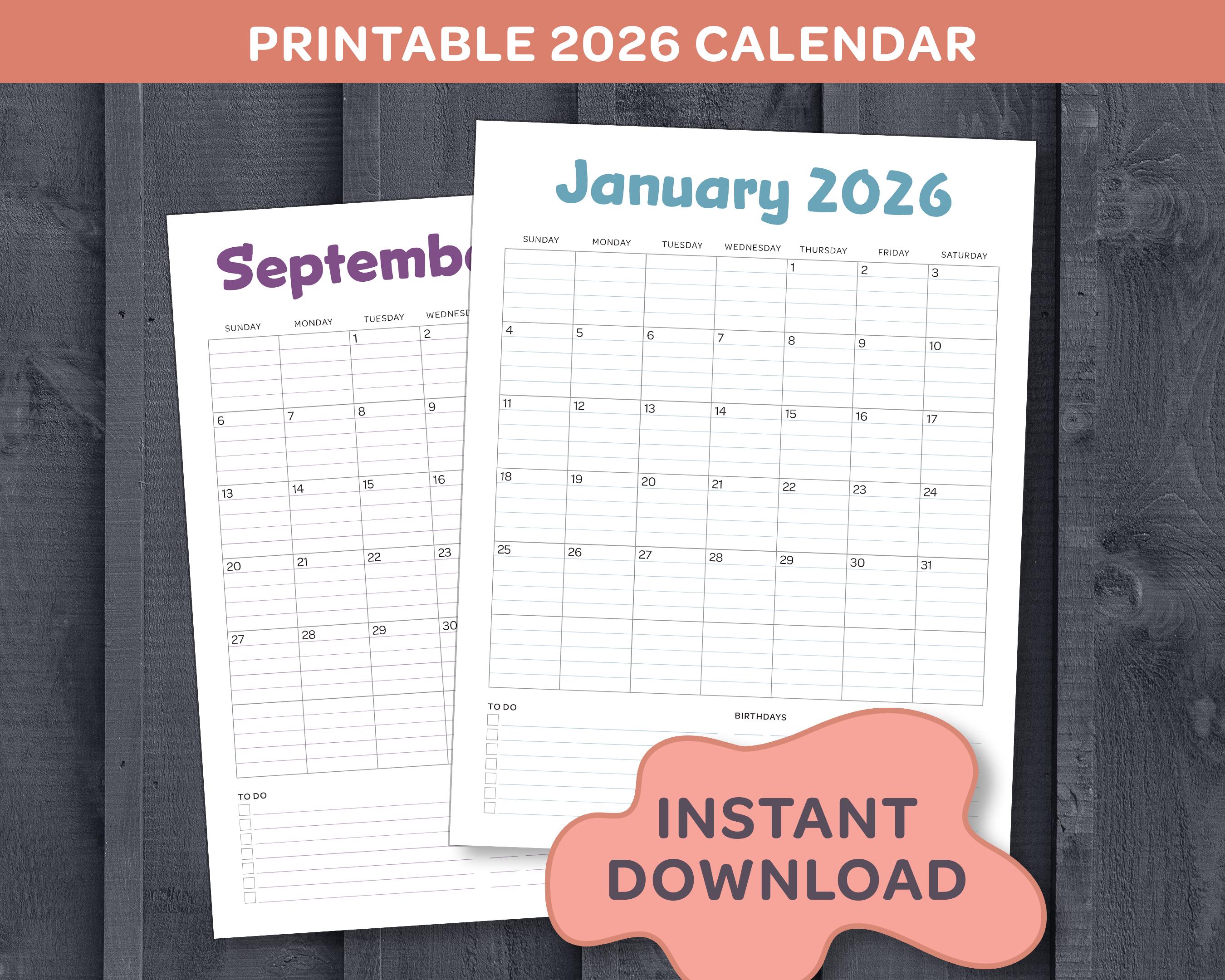 2026 Lined Monthly Calendar | Printable 2026 Calendar 8.5x11 | Vertical