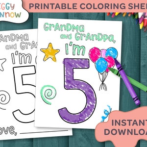 Grand-mère et grand-père, j'ai 5 ans | Feuilles de coloriage du 5e anniversaire pour grand-mère et grand-père | Coloriage enfant en bas âge imprimable | Cadeau grand-parent